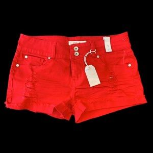 Red denim shorts